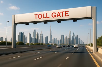 Modern Dubai toll road with electronic gantry and city skyline Modern Dubai toll road with electronic gantry and city skyline
